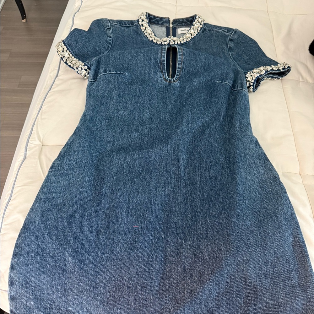 Self-Portrait Blue Denim Dress with White crystal  Accents
